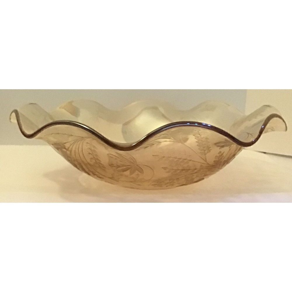 Vintage Jeanette Glass Floragold Louisa Bowl 9 1/2 x 2 3/4" Ruffled Iridescent